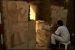 The neverending work of Czech restorer – the cleaning of the façade of the tomb of judge Inti. © Archive of the Czech Institute of Egyptology, Kamil Voděra.